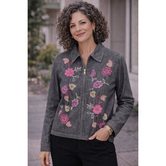 breckenridge Jackets & Blazers - Womens Breckenridge Gray Denim Front Zip Jacket Floral Embroidered Size PL